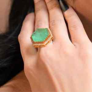 Designer Green Stone 925 Sterling <b>Silver</b> Hexagon Cocktail <b>Ring</b> With Gold Plated Vintage <b>Statement</b> Design - Product Image 1