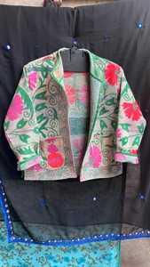Unique Indian Style Floral Embroidered <b>Tweed</b> <b>Jacket</b> Loose Fit Full Sleeve Boho Style Hand Embroidery Collarless Daily Wear - Product Image 5