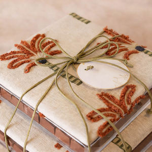 Handmade Linen <b>Gift</b> <b>Box</b> With Embroidered Floral Design And Gold Ribbon Bow For <b>Ramadan</b> Easter Candy Packaging - Product Image 1
