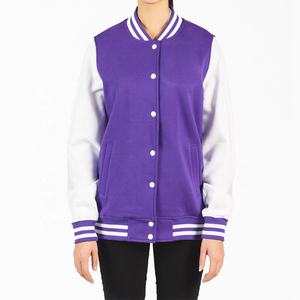 100% algodón polar logotipo personalizado mujeres Varsity chaquetas cuello redondo béisbol mujer chaqueta abotonada costilla a rayas contraste costilla - Product Image 4