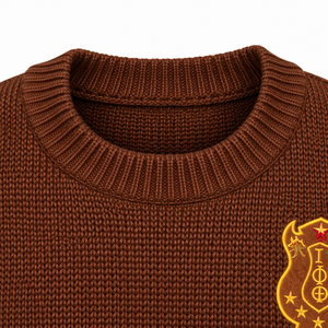 Iota Phi Theta Brown Knit Sweater Mens Crew Neck <b>Long</b> Sleeve Embroidered Crest Ribbed Cuffs Hem Warm Casual <b>Cardigan</b> Winter - Product Image 5