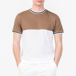 เสื้อยืดผู้ชายคอโอ แขนสั้น ทรงโอเวอร์ไซส์ ผ้าฝ้ายถัก สไตล์ลำลอง แต่งขอบสีขาวและน้ำตาลแบบคอนทราสต์ ล้างสีด้านหน้า - Product Image 1