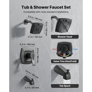 Set Doccia Completo con Soffione a Pioggia da 5.1 Pollici, 5 Impostazioni di Getto Regolabile, Miscelatore Monocomando per Vasca e Doccia, Bocchetta per Vasca - Product Image 2