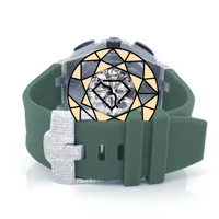 Montre pour homme en moissanite et diamant, cadran rond argenté, bracelet en caoutchouc vert, lunette en cristal, style chronographe, pour usage quotidien, cadeaux
