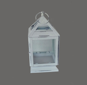 Hanging Distressed White Metal Candle Lantern Pyramid Roof Clear <b>Glass</b> <b>Panes</b> Ring Handle Tabletop Decor - Product Image 6