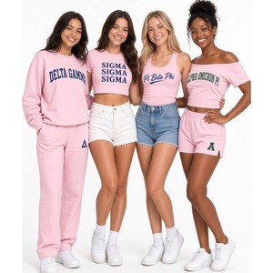 Ensemble de survêtement pour femmes, motif lettres grecques, tenue décontractée, haut à col rond avec short, vêtements universitaires tendance, confortables au quotidien - Product Image 3
