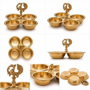 Support à Haldi Kumkum en laiton au design classique avec bordure dorée et poignée paon, contenant 4 bols pour Roti Chawal, idéal pour les cérémonies religieuses Pooja - Product Image 3