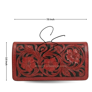 Cartera larga de cuero tallado vintage con estampado floral, estilo occidental, con múltiples ranuras para tarjetas y efectivo, para mujer, color rojo. - Product Image 3