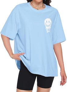 T-shirt ample à manches courtes bleu clair pour femme avec imprimé Smiley, col rond, coupe décontractée, haut d'été 100 % coton pour femme - Product Image 3