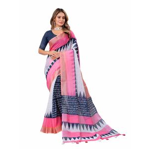 DESIGNER LINEN DIGITAL IMPRIMÉ ARGENT BOREDR SAREE AVEC BLOUSE NON COUCHÉE BLEU MARINE - Product Image 1