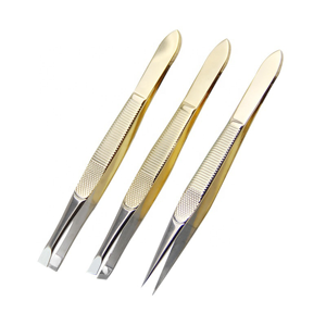 3 Piece Silver Stainless Steel Slant Eyebrow Tweezers Set Gold Coated Grip OEM Private Label <b>Precision</b> Beauty <b>Tools</b> Kit - Product Image 1