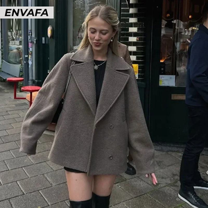 Abrigo de Lana Tejida para Mujer, Chaqueta Blazer Sólida con Solapa y Doble Botonadura, Cortavientos de Otoño/Primavera/Invierno, Prenda Exterior Cálida y a la Moda - Product Image 5