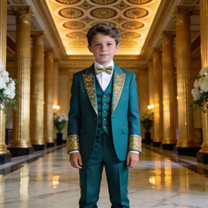 Costume de smoking vert turquoise brodé pour enfants avec détails dorés, costume formel pour garçons pour mariage et fêtes - Product Image 1