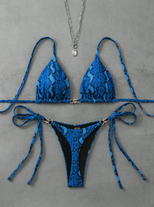 Ensemble bikini imprimé léopard bleu pour femme, haut dos nu, bas à nouer sur les côtés, maillot de bain deux pièces en Spandex et Polyester, coupe extensible - Product Image 5