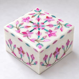 Boîte à bijoux en marbre luxueuse Stonecrafts International MMP06, incrustation de nacre, forme rectangulaire moderne, gravures florales, Noël - Product Image 3