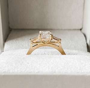 Emerald Cut 2.90 CT Three <b>Stone</b> <b>Ring</b> 925 Silver 14K Yellow Gold Plated Baguette Side Stones 4 Claw Setting Engagement Jewelry - Product Image 2