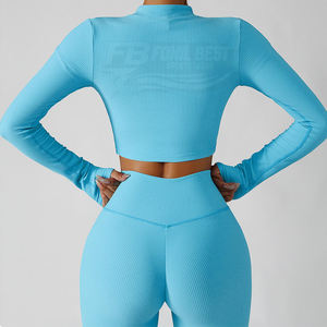 Ensemble 3 pièces de sport côtelé de haute qualité pour femme : Soutien-gorge push-up, crop top et pantalon de yoga à taille élastique en V avec double fermeture éclair - Product Image 2