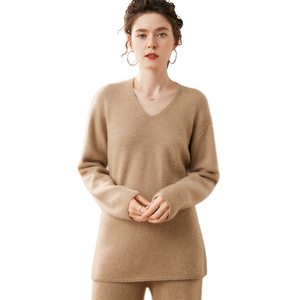 Women's Loose Fit V-Neck Knitted <b>Sweater</b> <b>Set</b> Solid Color Cashmere Breathable Two Piece Autumn Casual Wear Full Length Long - Product Image 4