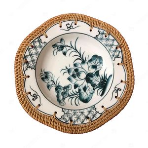 Juego de bandejas de servir de cerámica bohemia con marco de ratán tejido y borde floral con patrón de naturaleza muerta - Product Image 5