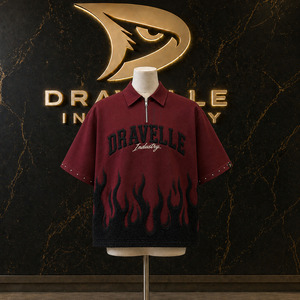 Men’s Oxblood Cropped Zip <b>Shirt</b>, Y2K Boxy Fit Tee with Black Chenille <b>Flames</b> & Silver Stud Cuffs - Product Image 1