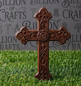 Traditional Floral Carved Wood Christian Cross Wall <b>Decor</b> Irregular Shape <b>Baptism</b> Hanging Ornament for Home Church - Product Image 1