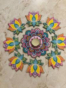 Support de bougie chauffe-plat en MDF artisanal motif lotus, tapis de sol en bois découpé Mandala Rangoli, ensemble de décoration pour Mandir et salle de Pooja - Product Image 1