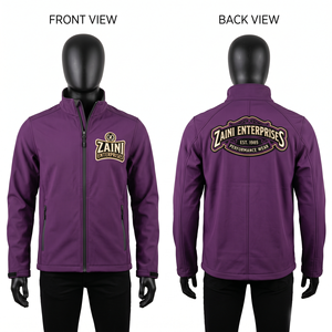 Chaqueta Softshell para Hombre, 340 GSM, Poliéster y Spandex Premium, Color Morado, Parche de Chenilla Bordado, Logotipo Personalizado, Resistente al Viento - Product Image 1