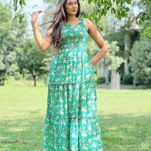 Maxi Tier Paisley verde esmeralda corpiño Racer Oriental Floral sedoso vestido de mezcla elegante Casual algodón estampado ropa de día para el verano - Product Image 1
