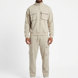 Nouvel ensemble de survêtement beige pour homme, demi-zip, manches longues, poches cargo, décontracté, pour l'automne, coupe classique, couleur unie, 100 % coton - Product Image 1