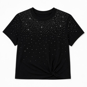 T-shirt court noir à col rond et manches courtes pour femme, personnalisable, avec strass scintillants dégradés, style Y2K, décontracté, glamour, pour soirée - Product Image 4