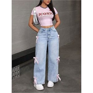 Venta al por mayor BEST ROCK 2026 Pantalones vaqueros de mezclilla lavados con lazo para mujer, estilo urbano, casuales, sueltos, rectos, largos, 100% algodón - Product Image 2