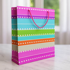 Vibrant multicolor striped gift bag with <b>red</b> rope handle reusable <b>paper</b> tote for birthdays parties weddings and special occasion - Product Image 2