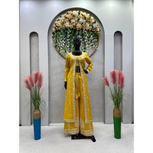 Ropa Tradicional China, Elegante Traje de Fiesta, Blusa Plazzo y Koti con Bordado de Hilo y Lentejuelas - Product Image 1