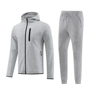 Men's 100% Cotton Winter Streetwear Zipper Jogger Set Solid Color Fleece Tracksuit Casual Training <b>Sweatshirt</b> Pants - Product Image 2