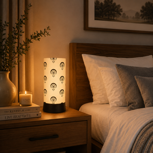Minimal Black Floral Printed Linen Shade Table Lamp | Modern Bedside Night Lamp <b>LED</b> | Decorative Living Room Ambient <b>Light</b> - Product Image 2