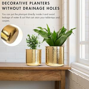 Pot de fleurs moderne en métal doré martelé pour plantes d'intérieur 16,5 cm et 19 cm, utilisation sur bureau - Product Image 3