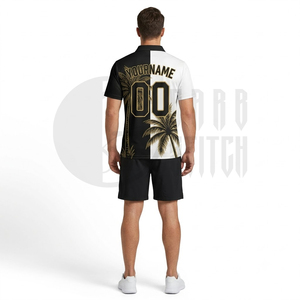 Polo de Hombre con Estampado de Palmeras en Blanco y Negro, Manga Corta, Casual, Transpirable, de Poliéster Tejido, con Diseño de Logotipo Frontal - Product Image 5
