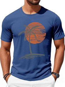 Camiseta Azul de Manga Corta para Hombre con Estampado de Palmeras al Atardecer, Cuello Redondo, Corte Regular Informal, 100% Algodón Jersey Transpirable - Product Image 1
