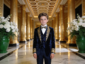 Costume de smoking en velours bleu marine pour garçons avec broderie dorée, ensemble de costume formel pour mariage et fête pour enfants - Product Image 1