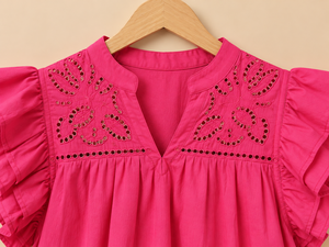 Chemise bohème rose pour femmes avec manches à volants, col en V, coupe ample, en coton, pour le printemps et l'été, vêtements décontractés - Product Image 5