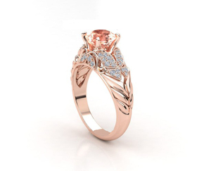 Premium 925 Silver Rose <b>Gold</b> Finish Peach Gemstone <b>Ring</b> CZ Studded Floral Leaf Women Fashion Jewelry - Product Image 2