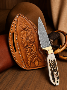 Cuchillo vaquero hecho a mano de acero de Damasco con mango de cuerno, funda de cuero, regalo para él, regalos para hombres, regalos de boda - Product Image 3