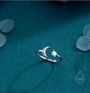 Anillo Abierto de Plata de Ley con Luna y Estrella, Talla Ajustable, Anillo de Estrella y Luna, Joyería Celestial, Anillo Delicado de la Estrella de David - Product Image 4