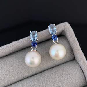 Boucles d'oreilles pendantes en argent S925 avec perle d'eau douce non-nucléaire de 8-9 mm, ronde, sans défaut, bleu océan, trésor, avec tempérament, bonne qualité - Product Image 2