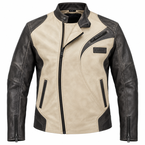 Blouson de moto en cuir noir et crème bicolore, col montant, fermeture éclair décalée, unisexe, vêtement d'extérieur pour motard, fabricant en gros - Product Image 1