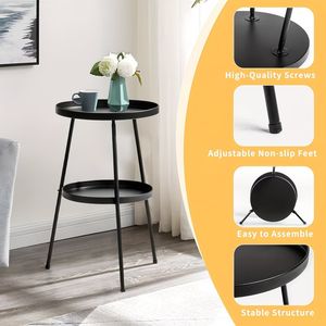 2-Tier Round Modern Black Metal <b>Side</b> <b>Table</b> Adjustable Feet 12.6\" Small End <b>Table</b> Double <b>Tray</b> Storage Contemporary Accent <b>Table</b> - Product Image 6