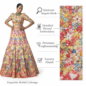 Lehenga Choli de luxe pour mariage, conçu par des créateurs |   Robe de mariée multicolore en dentelle à sequins et broderies de cristaux, coupe trapèze, longueur ras du sol, sur mesure - Product Image 5