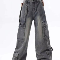 Jean en denim gris taille haute pour femme, coupe large et ample, style décontracté vintage, respirant, streetwear, effet usé, avec nœud, pompon et imprimé léopard, style utilitaire