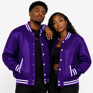 Cosh International OEM ODM Custom Winter Thin Stand Collar Varsity Jacket of <b>Glitter</b> <b>Purple</b> With White Trim Color Unisex - Product Image 1