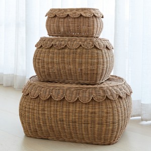 Stylish scalloped laundry baskets rattan storage basket with lid natural fiber <b>container</b> <b>box</b> - Product Image 4